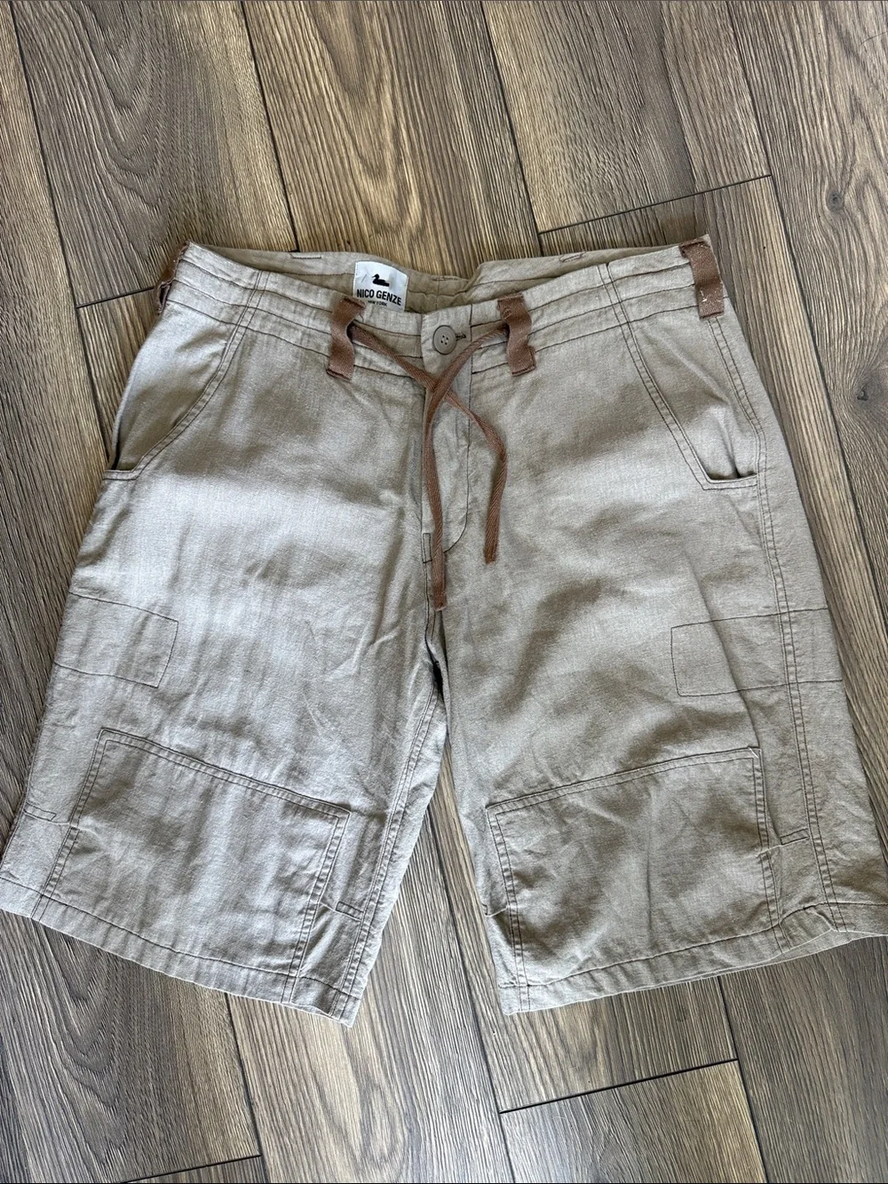 NICO GENZE New York 100% Linen Avant Garde Cargo Shorts XL tan Artisanal”